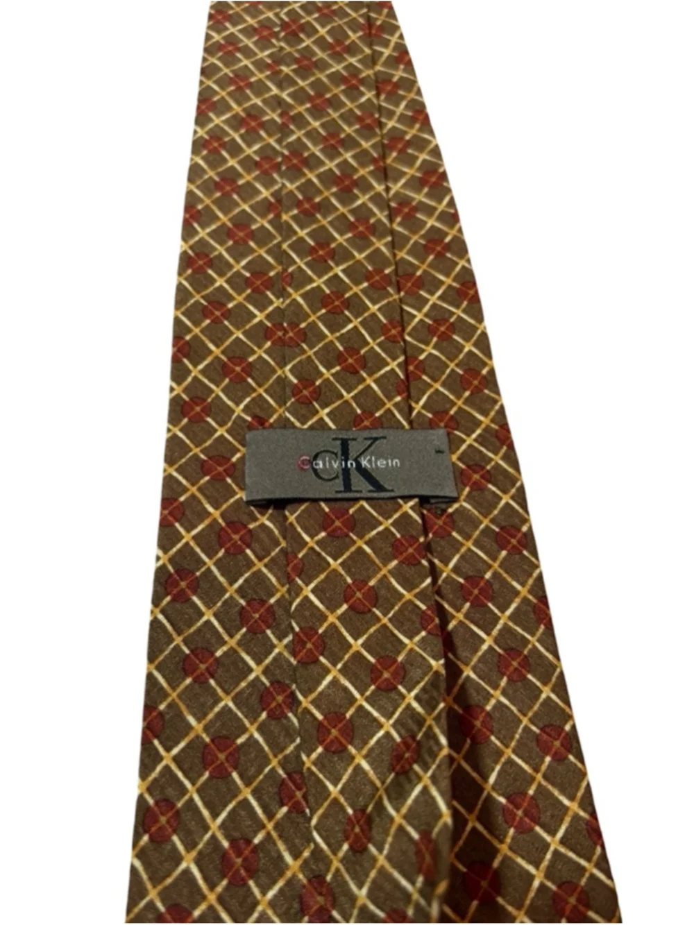 Calvin Klein Silk Tie Brown Gold Geometric Grid Medallion Pattern USA Designer